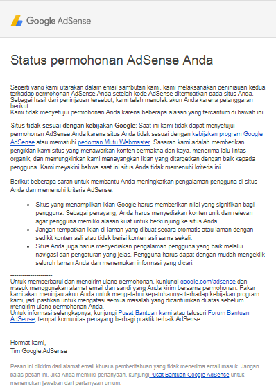 Google Adsense Diterima Spenenuhnya Kemudian Tidak di Setujui www.kabion.com
